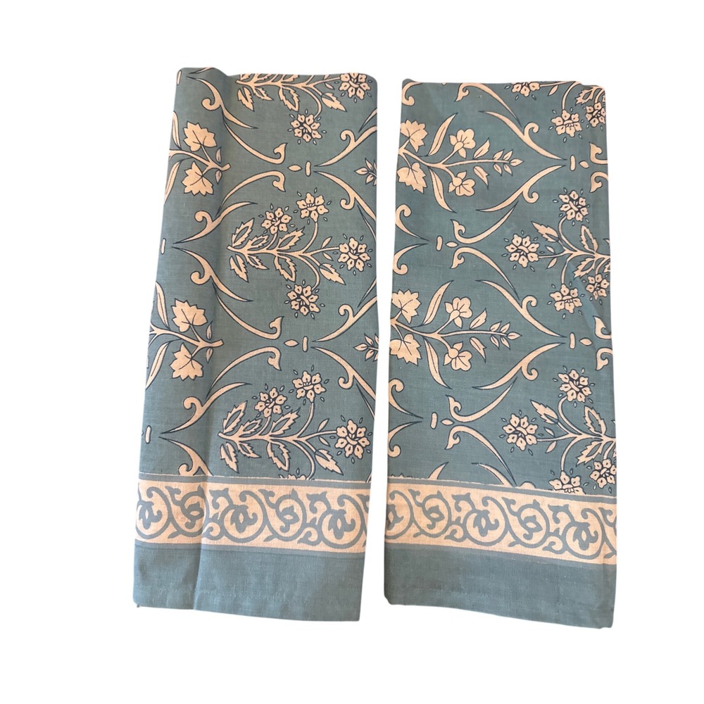 The Painted Cottage Blue White Floral Cotton Tea Towels Set of 2 India 27x19